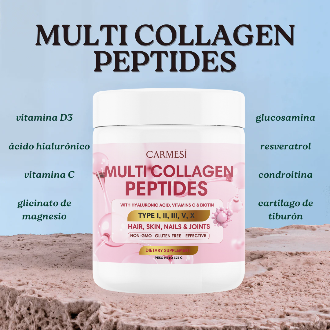 Multi Collagen Peptides™ - Colágeno Hidrolizado en Polvo Tipo I, II, III, V y X con Glucosamina, Biotina, Condroitina y Cartílago de Tiburón, para Piel, Articulaciones y Huesos, 100% Puro y Natural (850 g) -