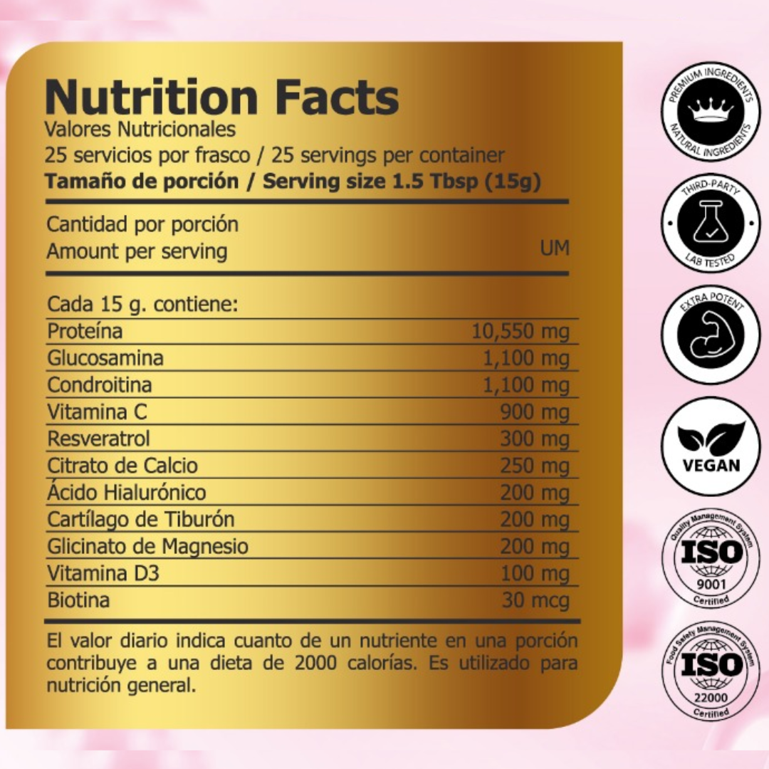 Multi Collagen Peptides™ - Colágeno Hidrolizado en Polvo Tipo I, II, III, V y X con Glucosamina, Biotina, Condroitina y Cartílago de Tiburón, para Piel, Articulaciones y Huesos, 100% Puro y Natural (850 g) -