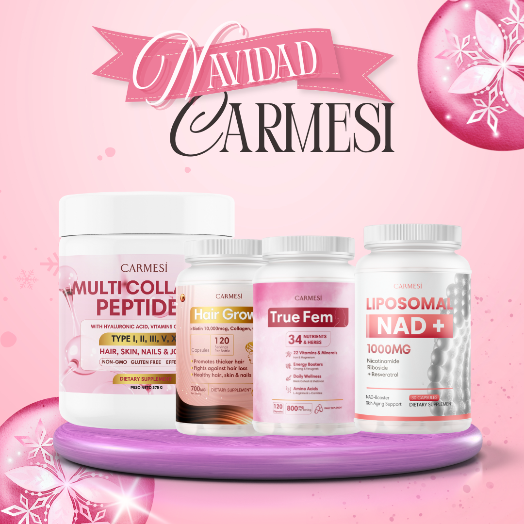SUPER PACK CARMESI: COLÁGENO + LIPOSOMAL NAD + TRUE FEM + HAIR GROWTH