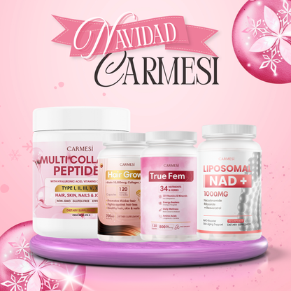SUPER PACK CARMESI: COLÁGENO + LIPOSOMAL NAD + TRUE FEM + HAIR GROWTH