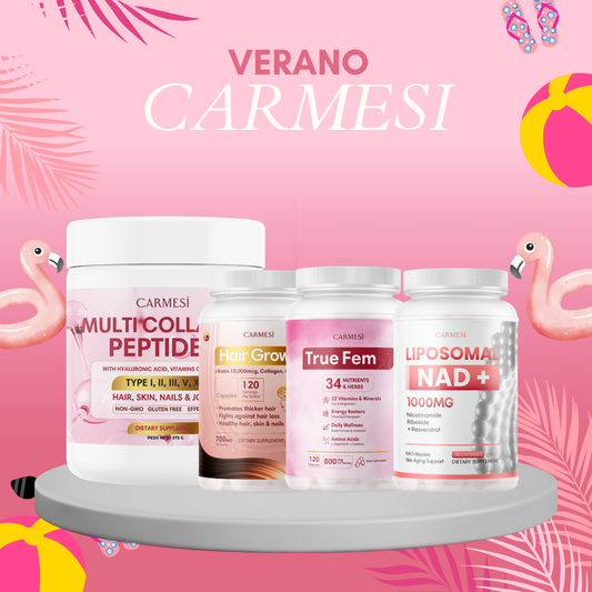SUPER PACK CARMESI: COLÁGENO + LIPOSOMAL NAD + TRUE FEM + HAIR GROWTH