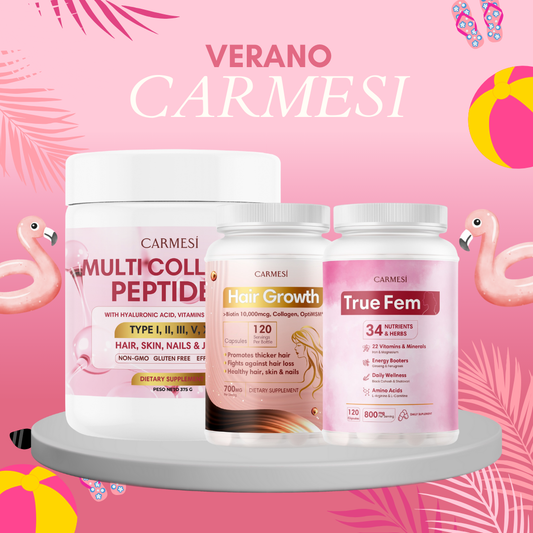 PACK CARMESÍ TRÍO PERFECTO: COLÁGENO + TRUE FEM + HAIR GROWTH