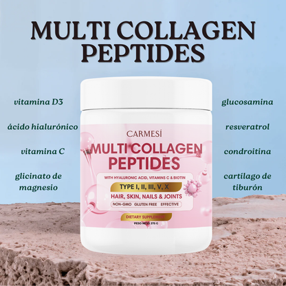 Multi Collagen Peptides™ - Colágeno Hidrolizado en Polvo Tipo I, II, III, V y X con Glucosamina, Biotina, Condroitina y Cartílago de Tiburón, para Piel, Articulaciones y Huesos, 100% Puro y Natural (850 g) -