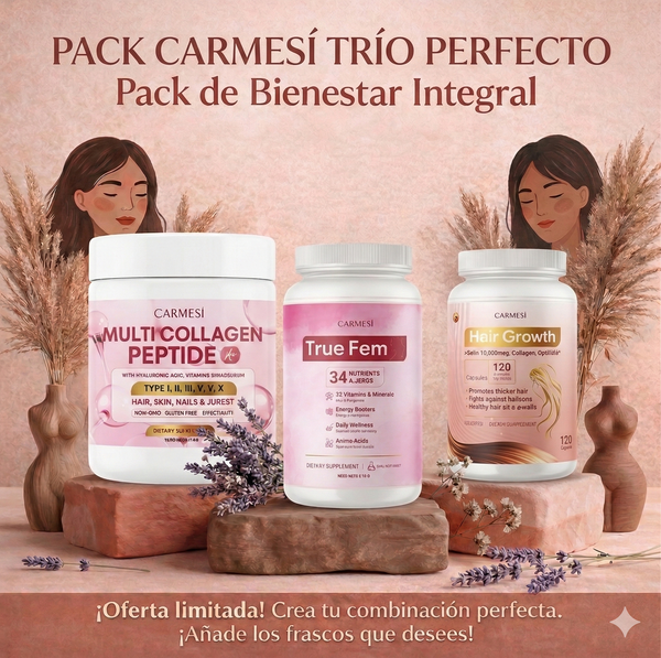 PACK CARMESÍ TRÍO PERFECTO: COLÁGENO + TRUE FEM + HAIR GROWTH