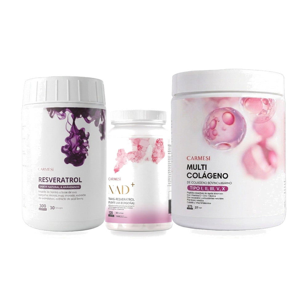 Combo Antiedad Total · Resveratrol en Polvo + NAD+ + Multi Colágeno