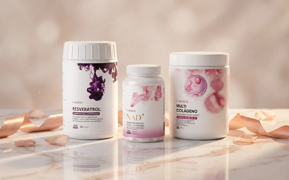 Combo Antiedad Total · Resveratrol en Polvo + NAD+ + Multi Colágeno