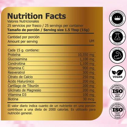 Multi Collagen Peptides™ - Colágeno Hidrolizado en Polvo Tipo I, II, III, V y X con Glucosamina, Biotina, Condroitina y Cartílago de Tiburón, para Piel, Articulaciones y Huesos, 100% Puro y Natural (850 g) -