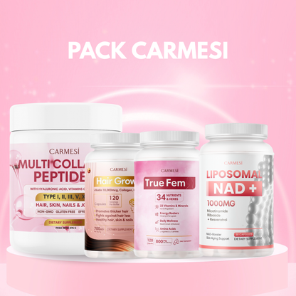 SUPER PACK CARMESI: COLÁGENO + LIPOSOMAL NAD + TRUE FEM + HAIR GROWTH